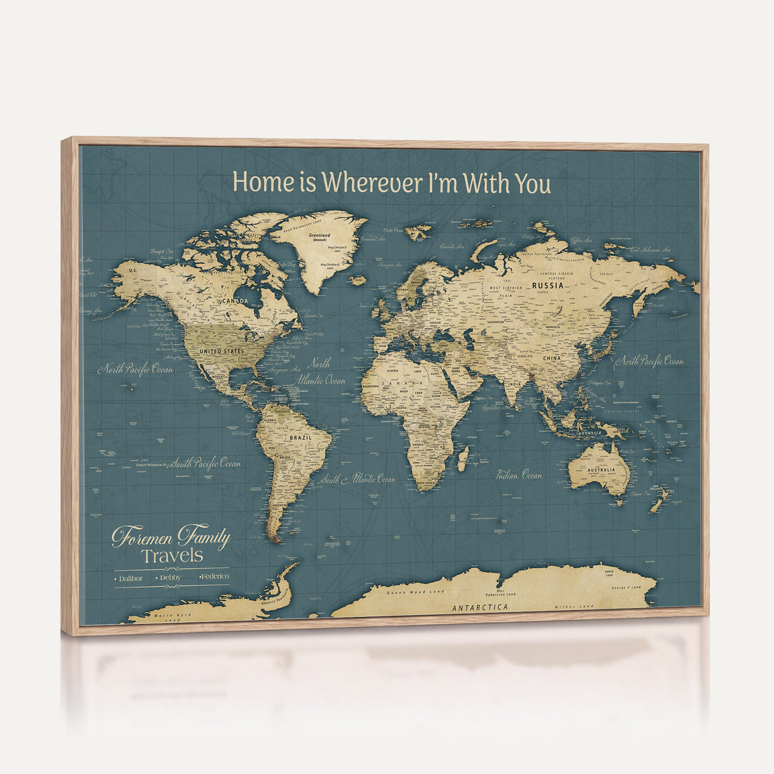 Personalized Framed Beige Geometric World Travel Map Wall Art with Pins, Next Trip Planner Map, Family Room and Bedroom Decor