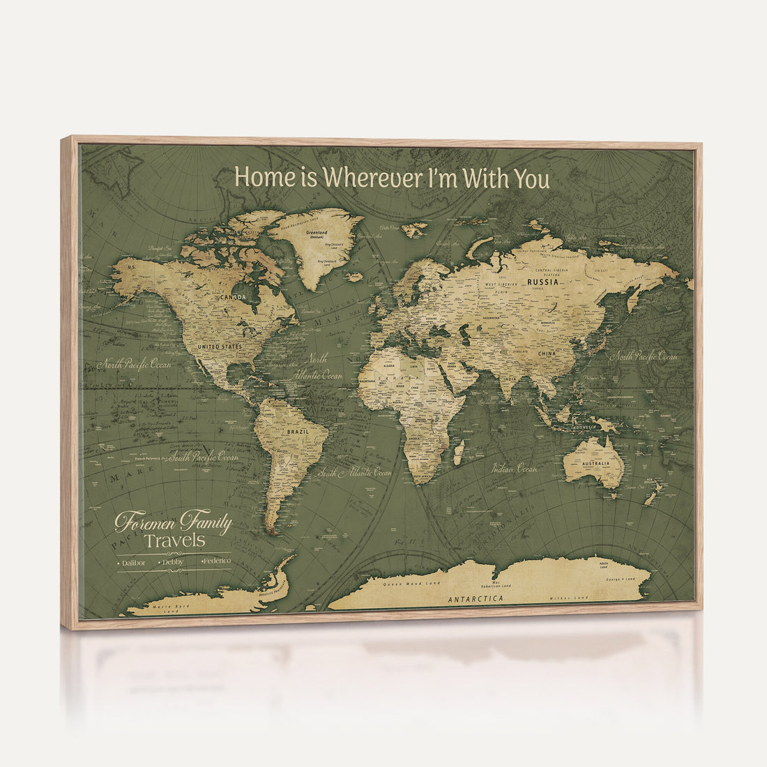 Personalized Framed Beige Geometric Push Pin World Map Canvas Print, Honeymoon and Anniversary Gift, Dining Room and Bedroom Decor