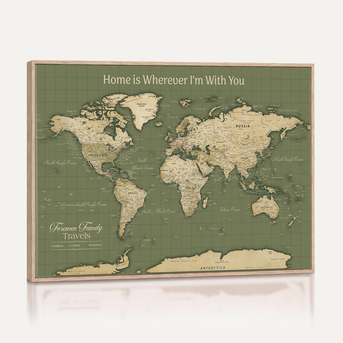Personalized Framed Navy Push Pin World Map Wall Art, Family Travel Tracker, Bedroom and Home Office Decor