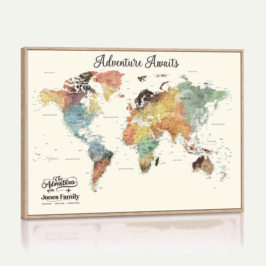 Custom Beige World Map Canvas with Push Pins, Honeymoon and Anniversary Gift, Dining Room and Entryway Decor