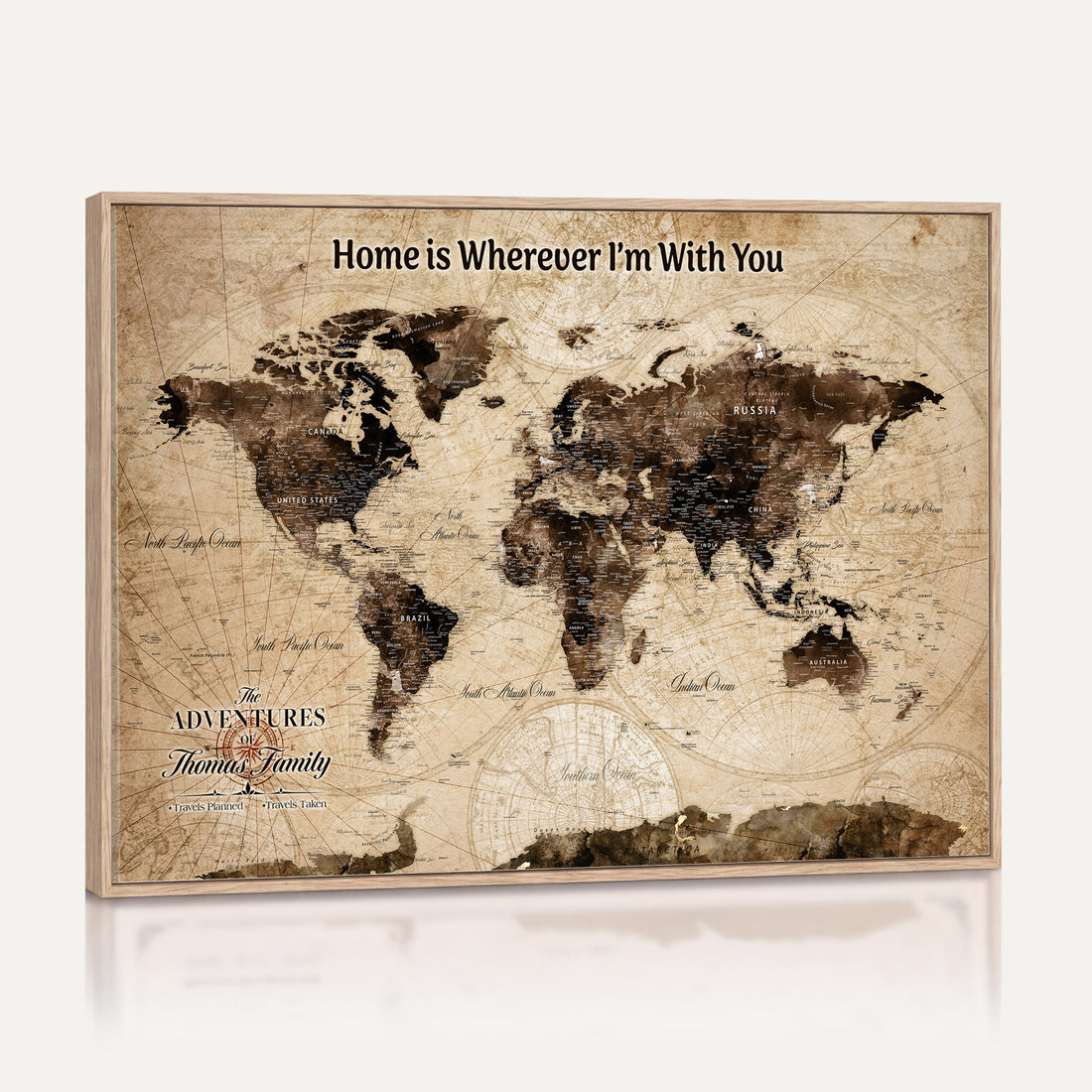 Personalized Framed Beige Modern World Travel Map Wall Art with Pins, Family Adventure Map, Living Room and Hallway Decor