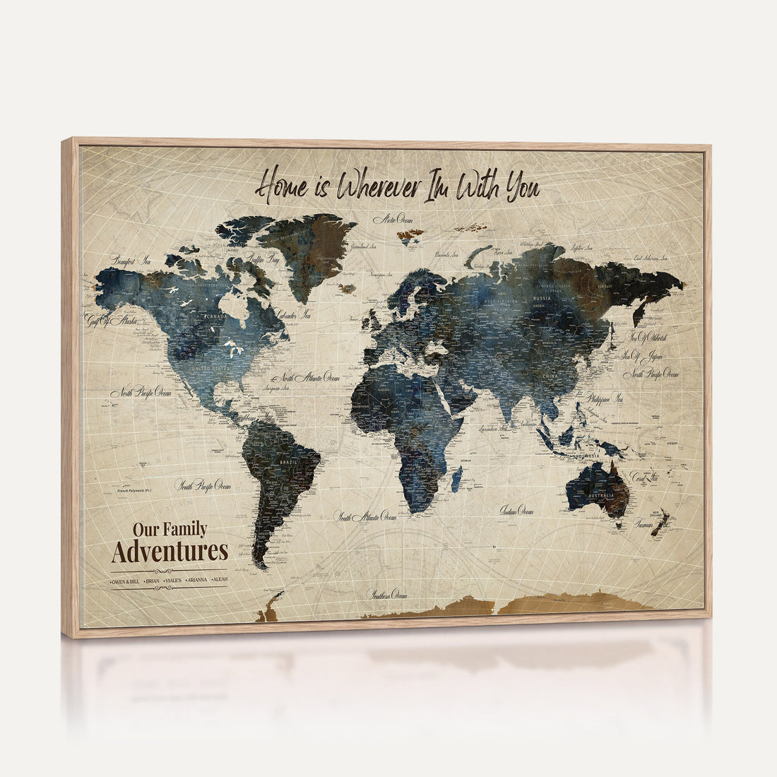 Personalized Framed Black Modern Push Pin Travel Map Canvas Print, Family Travel Tracker, Home Office and Entryway Decor