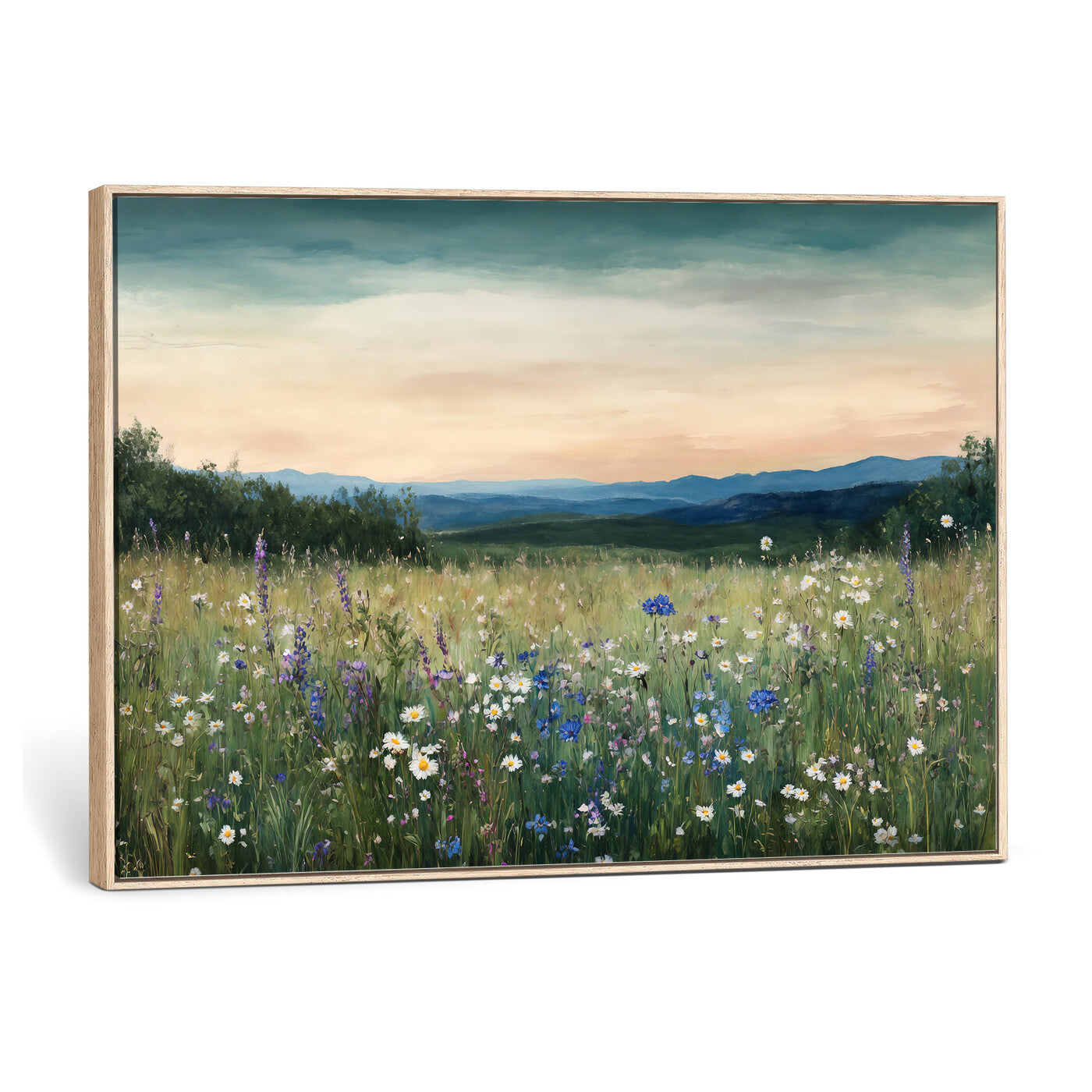35773805-MGV-CV-36X24 - Wildflower Meadow Oil Painting Canvas Print - Daisy Lavender Mountain Sunset Print | Cottagecore Floral Wall Art - Bedroom Decor Gift for Her