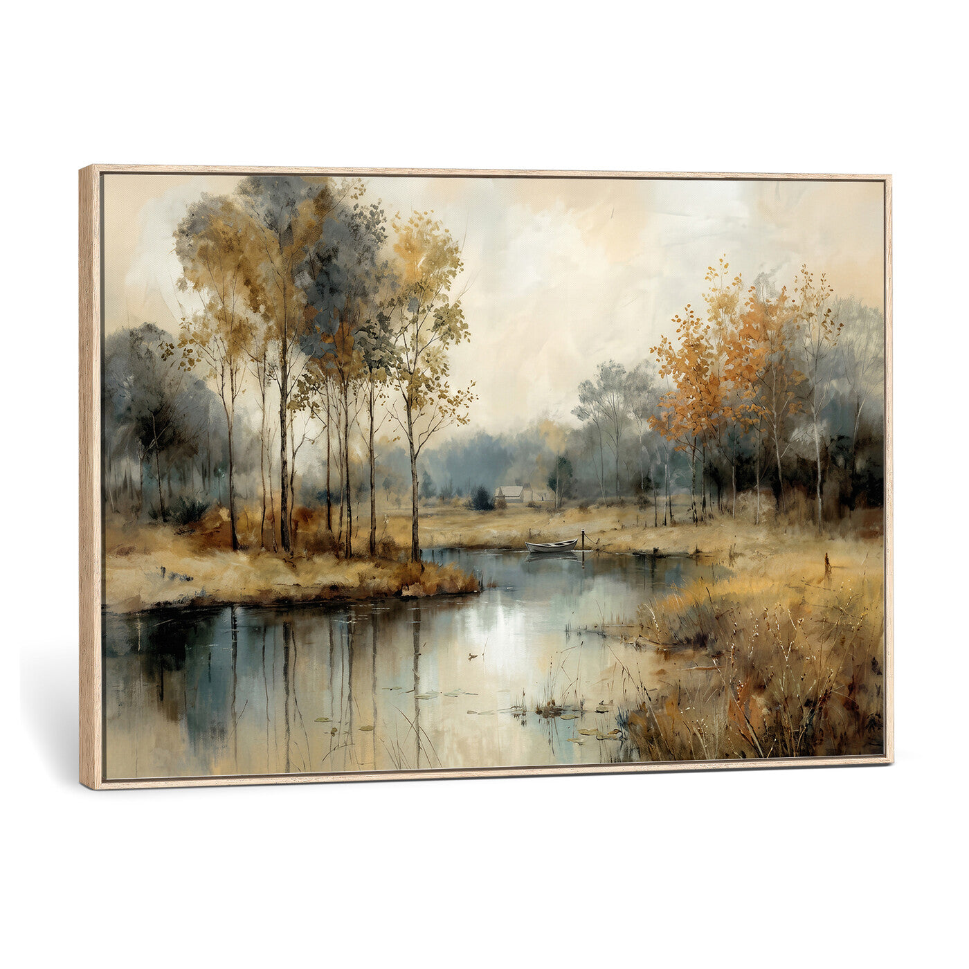74391095-MGV-CV-36X24 - Abstract WatercolorAutumn Lake Canvas Wall Art Print, Misty Forest Landscape, Rustic Nature Painting, Cabin Wall Decor | Ready to Hang