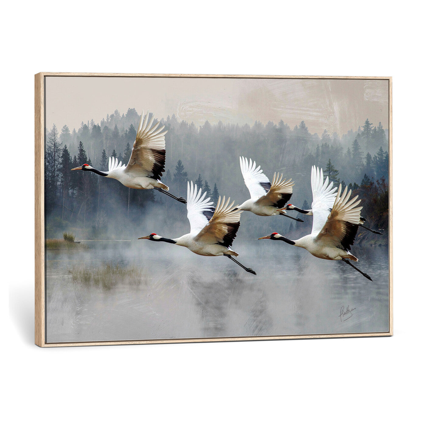 24356826-MGV-CV-36X24 - Flying Crane Canvas Wall Art Print, White Crane Bird Artwork, Wildlife Nature Decor, Lake Landscape Canvas - Ready to Hang