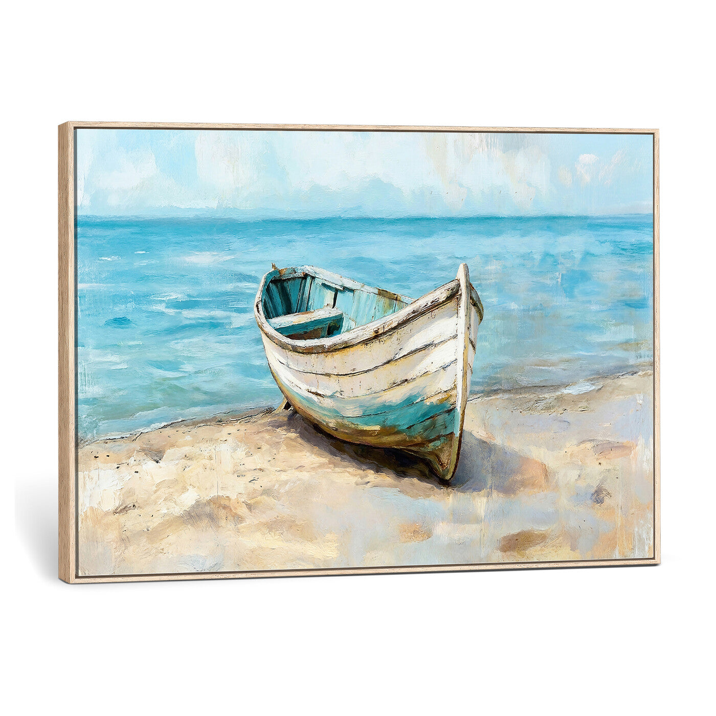 14780565-MGV-CV-36X24 - Coastal Boat Canvas Wall Art Print, Beach Boat Painting, Nautical Ocean Decor, Seascape Wall Art - Ready to Hang
