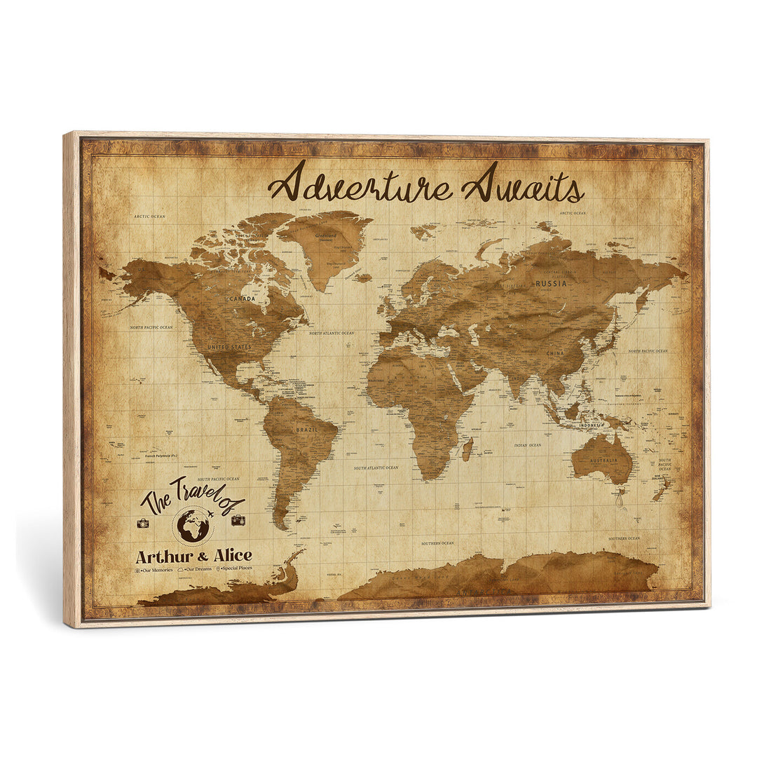 Custom Push Pin World Map Canvas Print, Honeymoon and Anniversary Gift, Dining Room and Study Decor