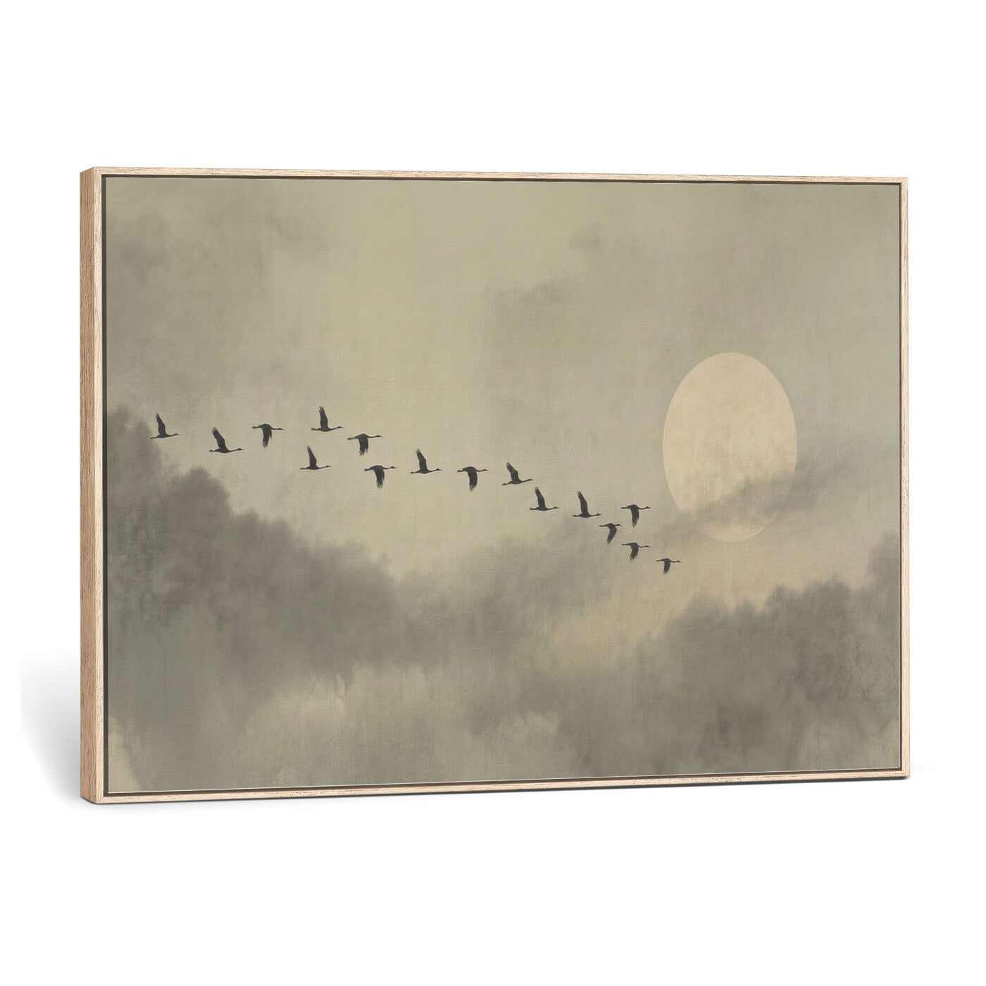 12098149-MGV-CV-36X24 - Flock of Birds Flying to Full Moon Wall Art Canvas Print - Vintage Surreal Clouds Painting