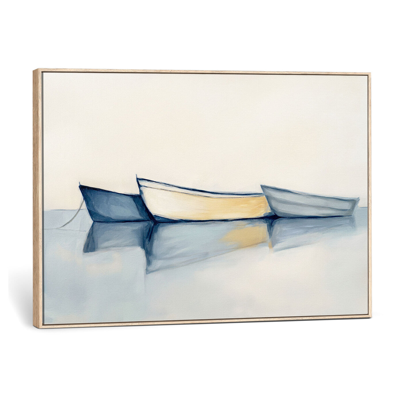 84017361-MGV-CV-36X24 - Abstract Three Boats Reflecting on Water Wall Art Canvas Print - Minimalist Coastal Seascape