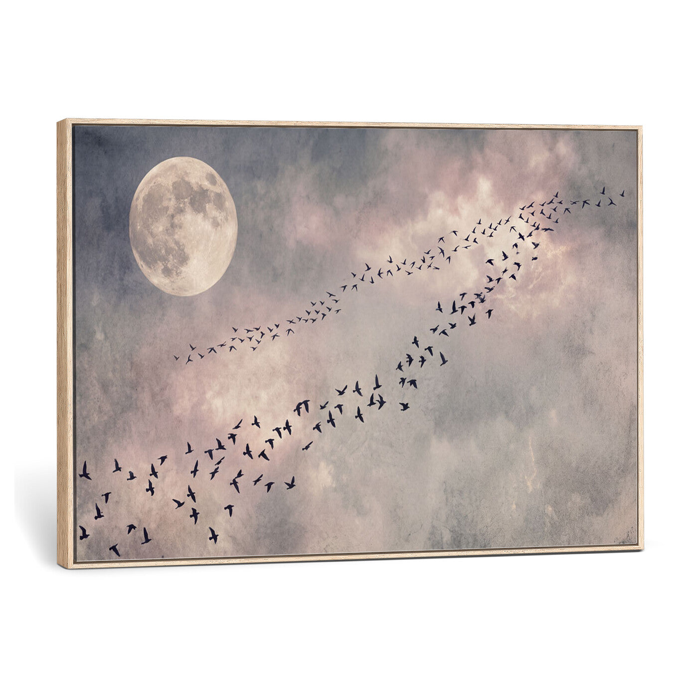 52339590-MGV-CV-36X24 - Birds Flying to Moon Wall Art Canvas Print - Vintage Surreal Night Sky Sky Print