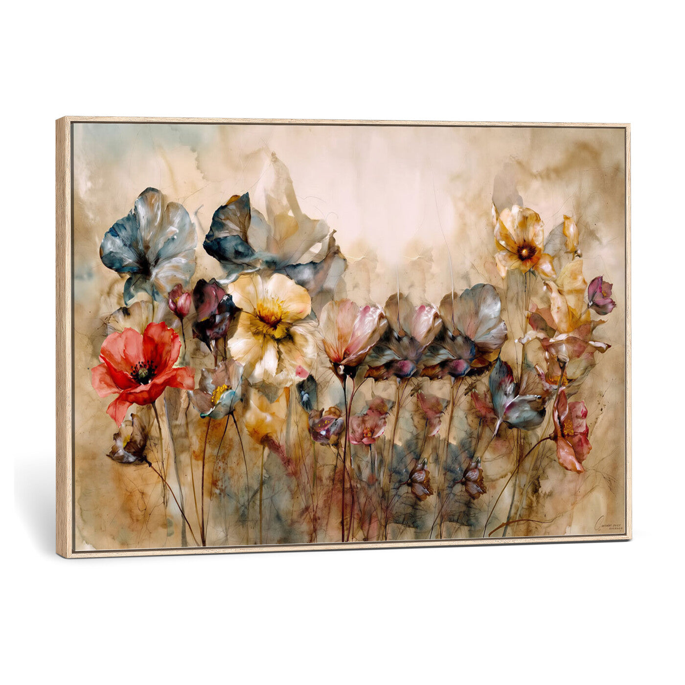 11407233-MGV-CV-36X24 - Vintage Dried Floral Meadow Wall Art Canvas Print, Translucent Watercolor Flowers Painting Print