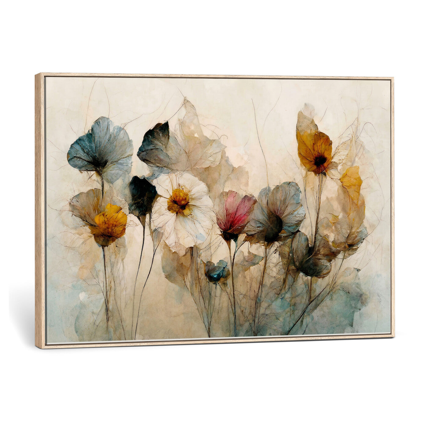 86802229-MGV-CV-36X24 - Vintage Dried Floral Meadow Wall Art Canvas Print, Translucent Watercolor Flowers Painting Print