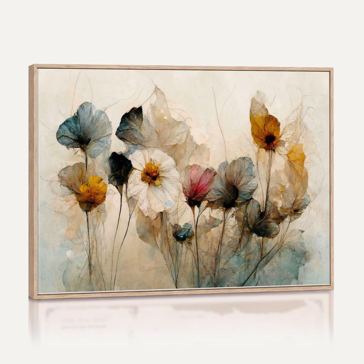 86802229-MGV-CV-36X24 - Vintage Dried Floral Meadow Wall Art Canvas Print, Translucent Watercolor Flowers Painting Print