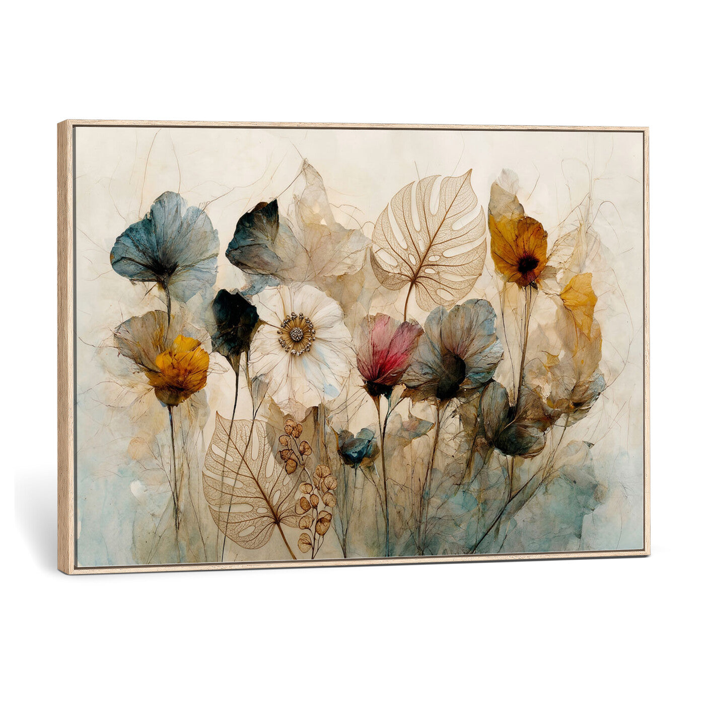 93171612-MGV-CV-36X24 - Vintage Dried Floral Meadow Wall Art Canvas Print, Translucent Watercolor Flowers Painting Print
