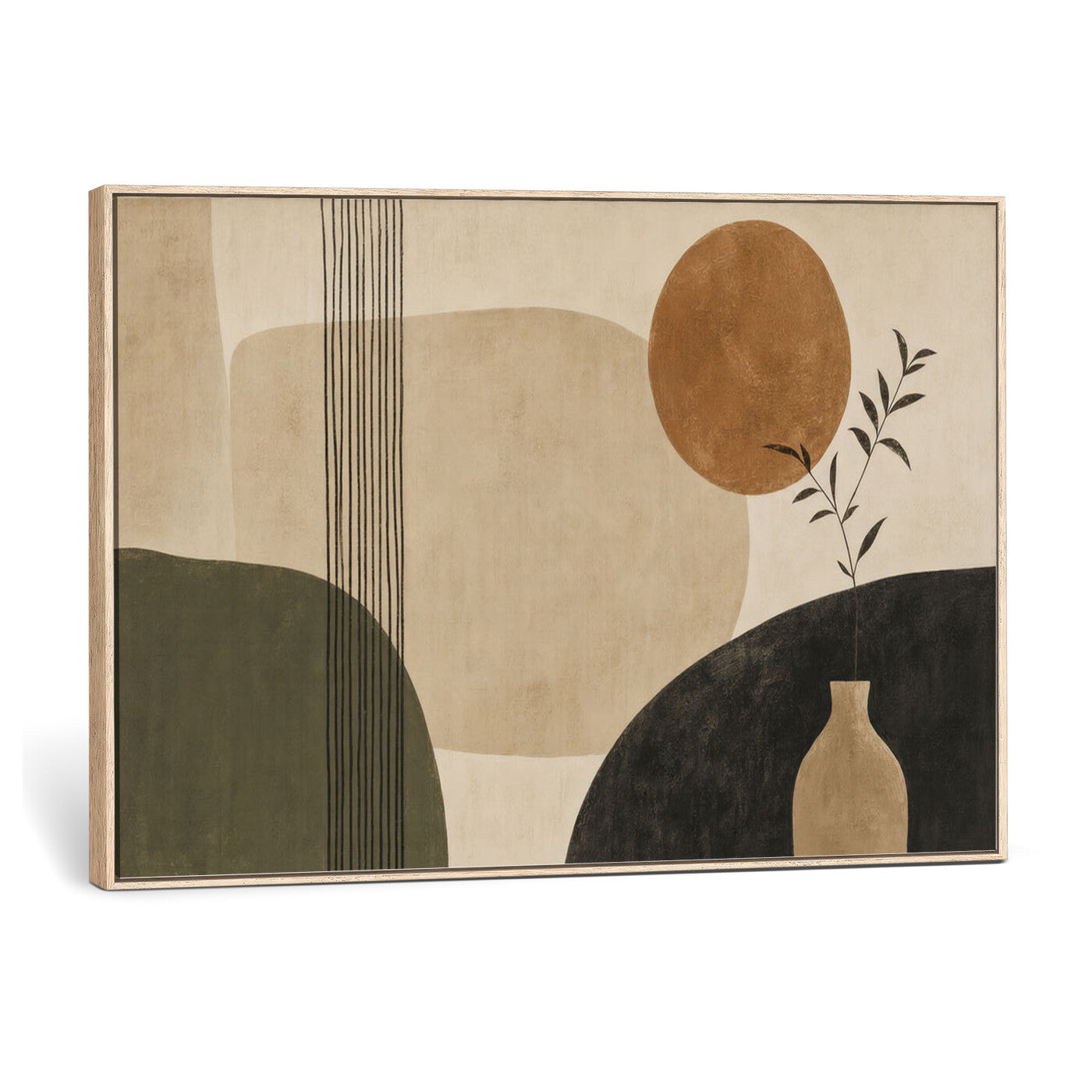 29113684-MGV-CV-36X24 - Japandi Minimalist Abstract Wall Art Canvas Print, Sage Green and Terracotta Sun Botanical Painting Print