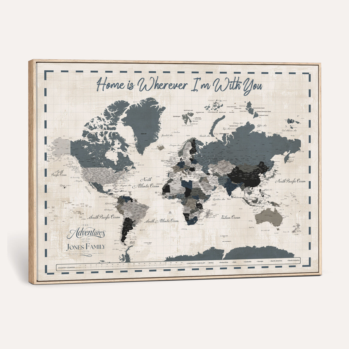 400867164-MGV-CV-36X24 - Framed Blue Custom Push Pin World Map Canvas Print – Personalized Travel Map Wall Art