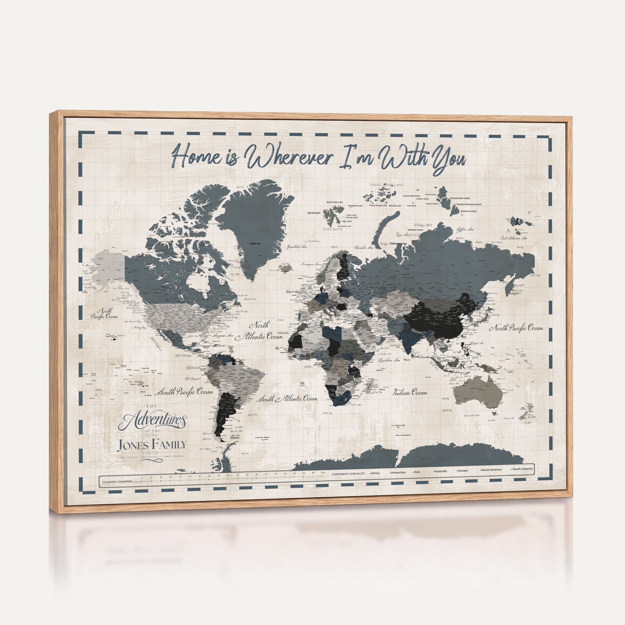 400867164-MGV-CV-36X24 - Framed Blue Custom Push Pin World Map Canvas Print – Personalized Travel Map Wall Art