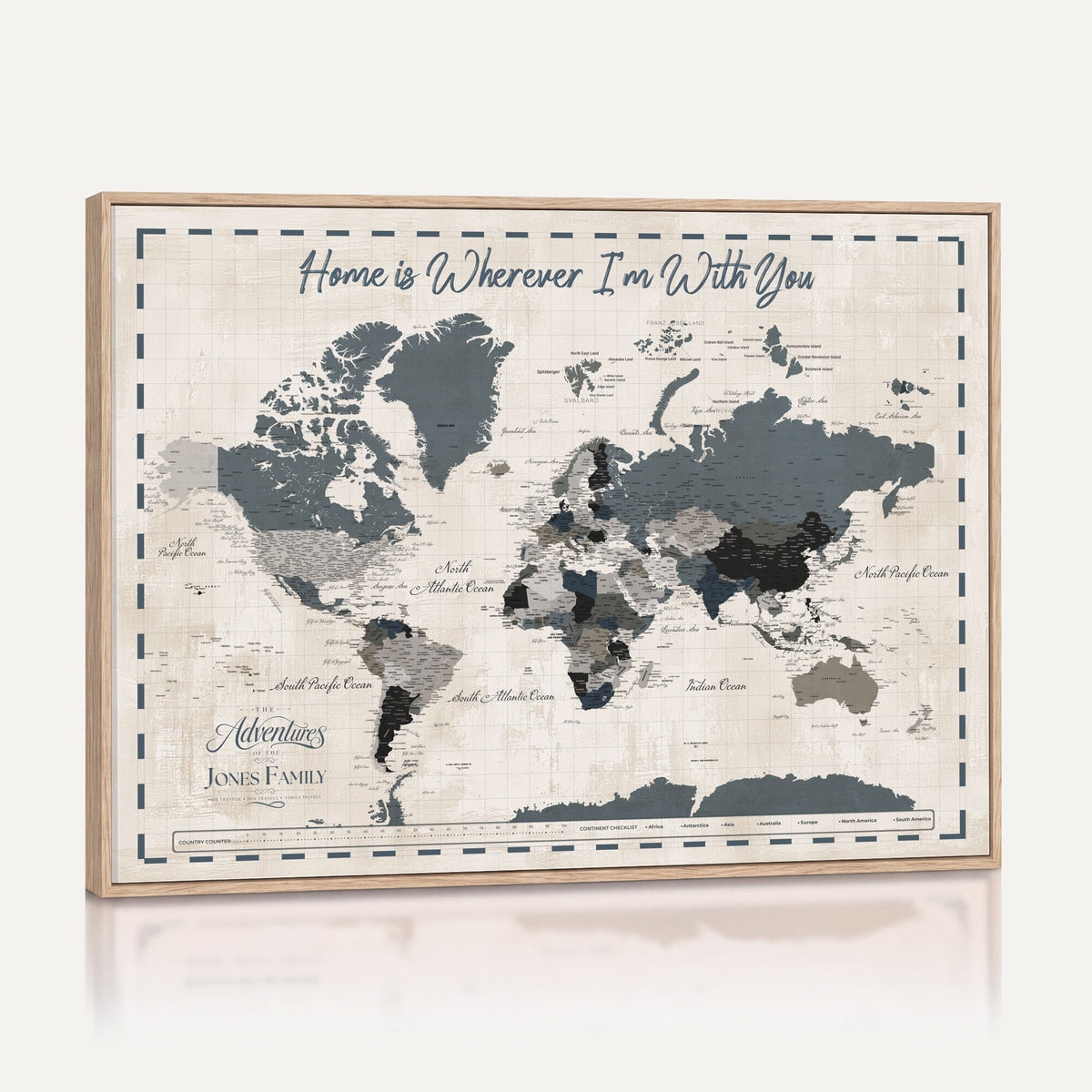 400867164-MGV-CV-36X24 - Framed Blue Custom Push Pin World Map Canvas Print – Personalized Travel Map Wall Art