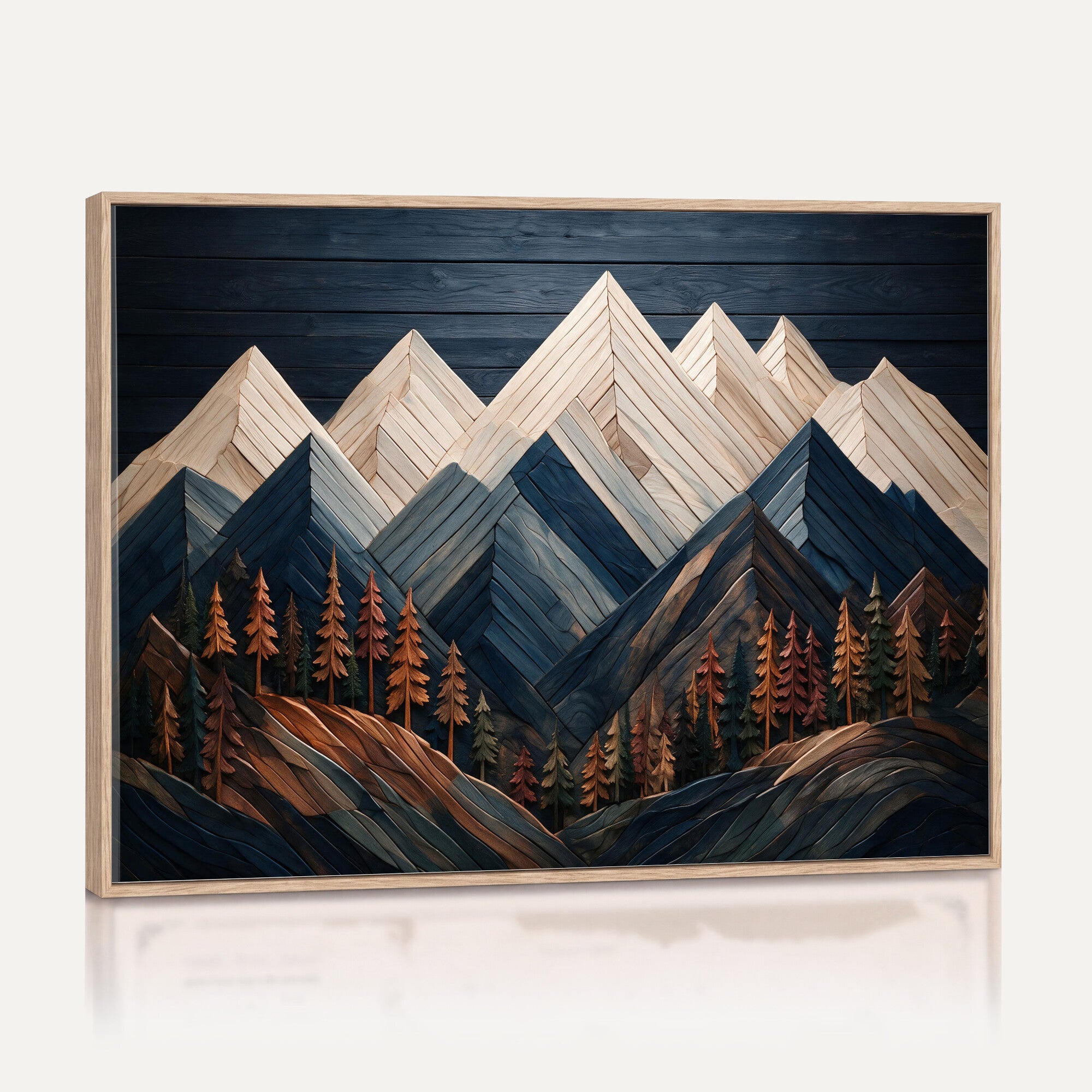 87765072-MGV-CV-36X24 - Geometric Wood Mountain Wall Art Canvas Print, 3D Look Rustic Mosaic Landscape Print