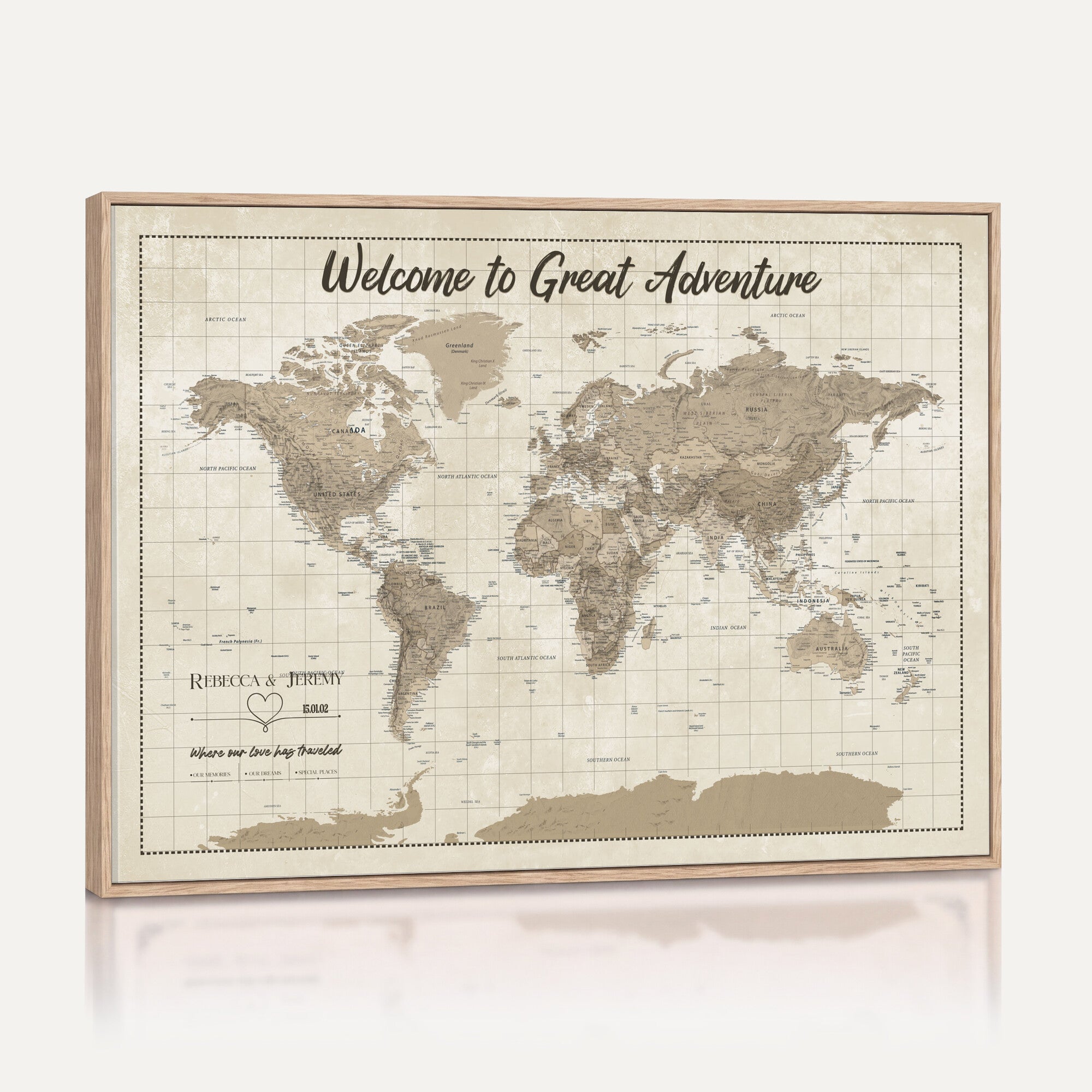 51180020-MGV-CV-36X24 - Custom Push Pin Travel Map Canvas Print, Cream Personalized Travel Tracker Map, Anniversary Gift, Vintage World Map Wall Art