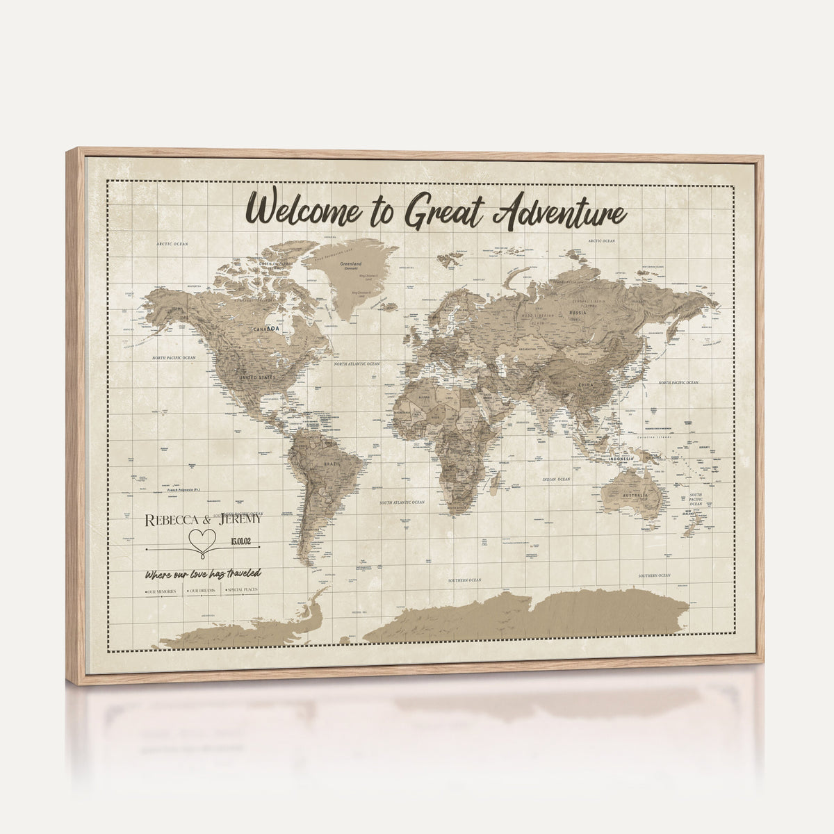 51180020-MGV-CV-36X24 - Custom Push Pin Travel Map Canvas Print, Cream Personalized Travel Tracker Map, Anniversary Gift, Vintage World Map Wall Art