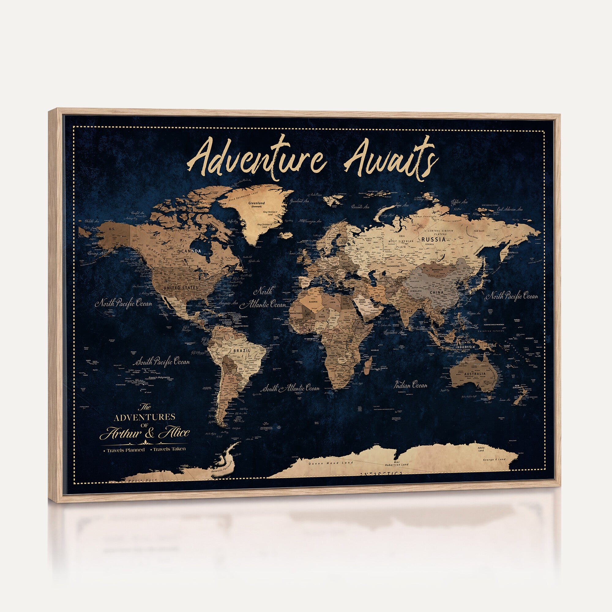 57167164-MGV-CV-36X24 - Custom Push Pin Travel Map Canvas Print, Navy Blue Personalized Travel Tracker Map, Anniversary Gift, Vintage World Map Wall Art