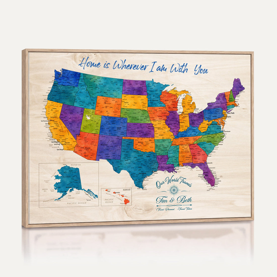 Personalized Push Pin United States Map Canvas Print, 50 States Road Trip Tracker, Living Room and Family Room Decor