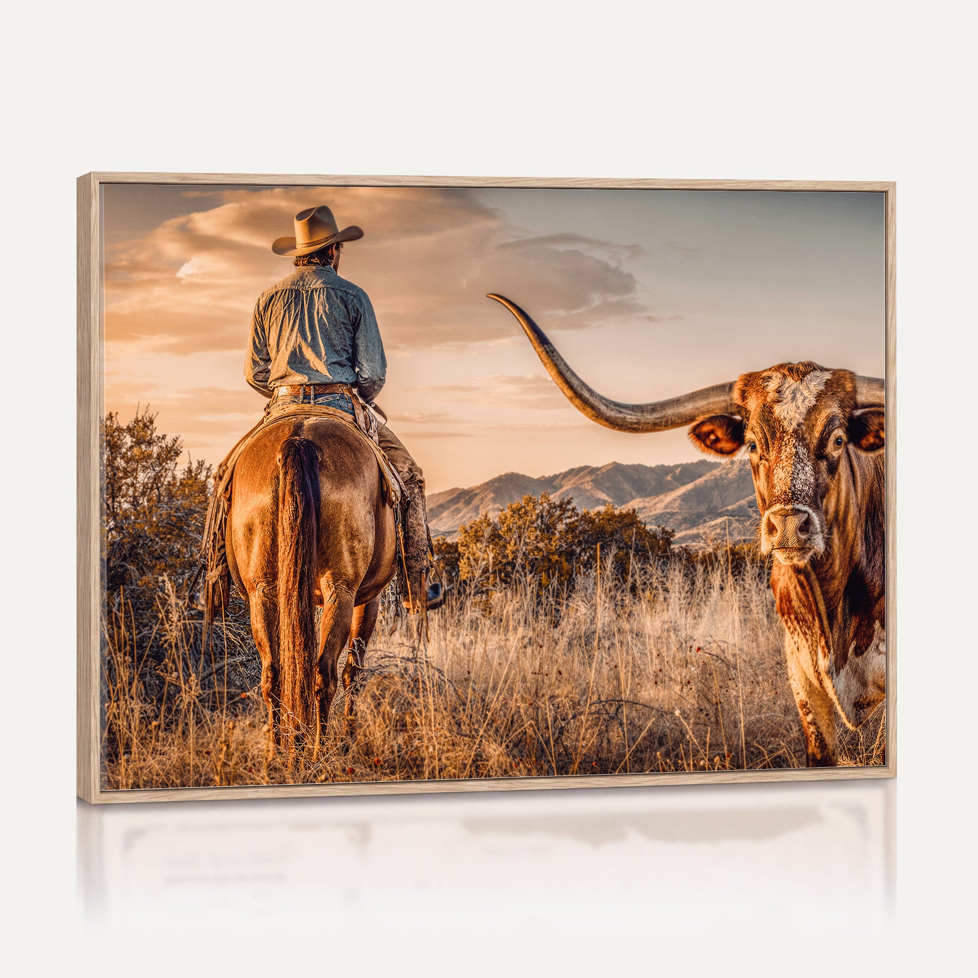 62076449C-MGV-CV-36X24 - Texas Cowboy and Longhorn Bull Print for Western Wall Art Decor for Farmhouse