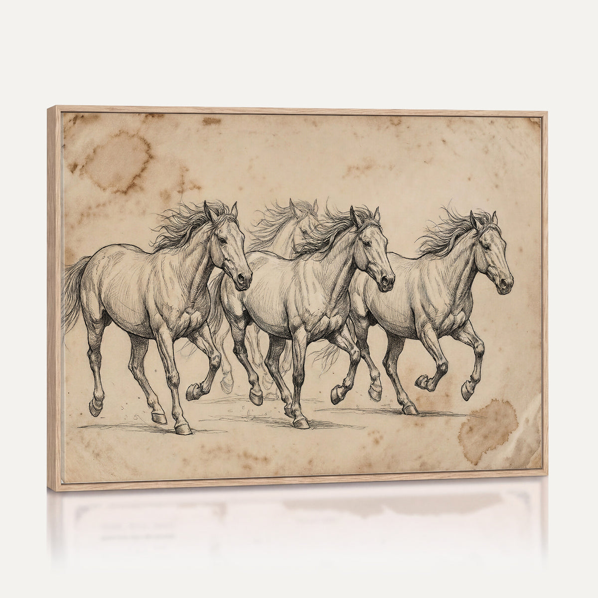 56046981-MGV-CV-36X24 - Sepia Wild Horses Canvas Art, Antique Pencil Drawing Print, Vintage Gallery Wall Decor, Rustic Equestrian Artwork, Traditional Den Gift