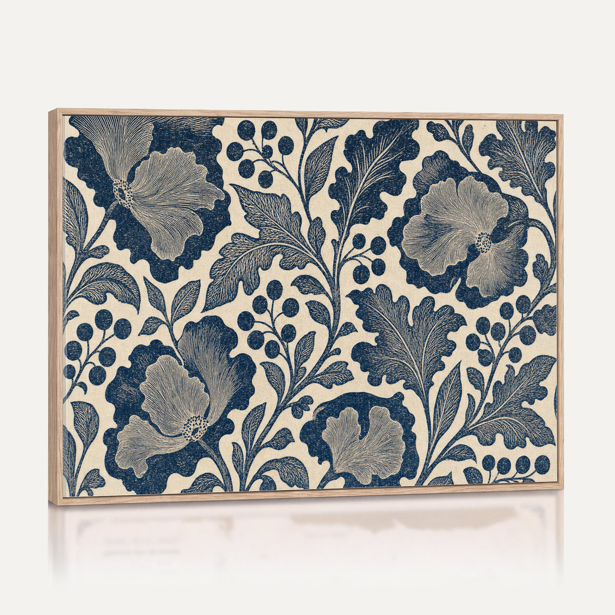 23824002-MGV-CV-36X24 - William Morris Style Navy Blue Floral Wall Art Canvas Print, Vintage Cream Botanical Painting Print