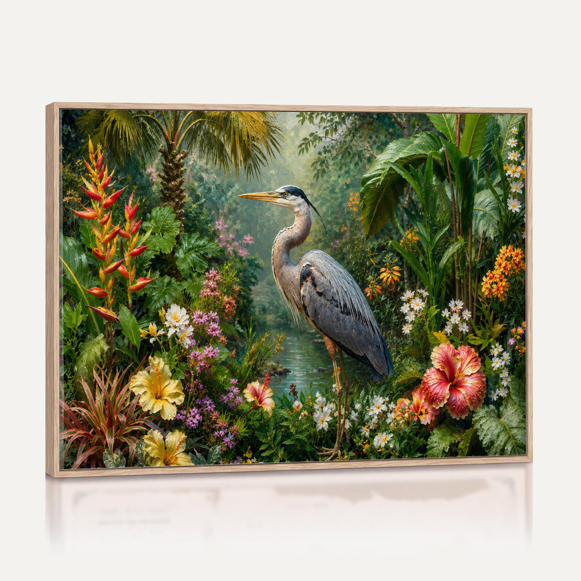 81059387-MGV-CV-36X24 - Great Blue Heron Tropical Jungle Wall Art Canvas Print, Exotic Botanical Garden Painting Print