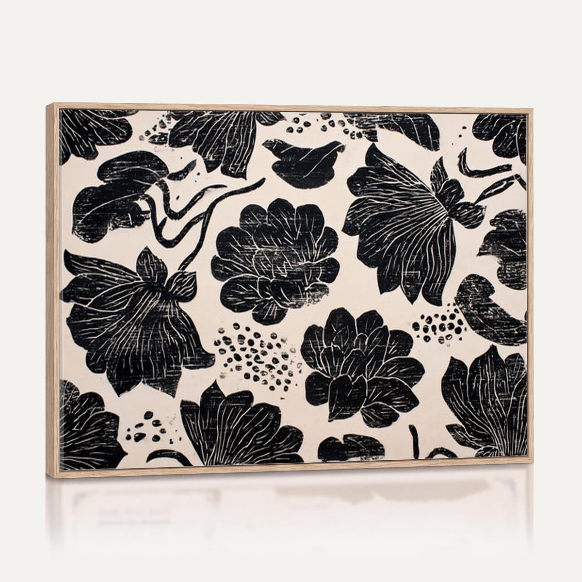 81787117-MGV-CV-36X24 - Linocut Black Lotus Floral Wall Art Canvas Print, Vintage Monochrome Botanical Painting Print