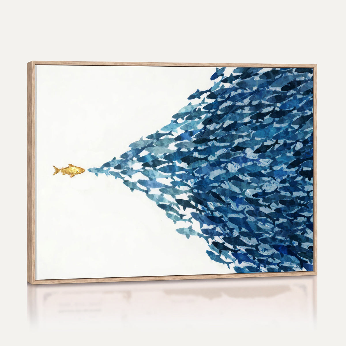79089639-MGV-CV-36X24 - Abstract Blue Fish School Canvas Wall Art, Gold Foil Accent Marine Print
