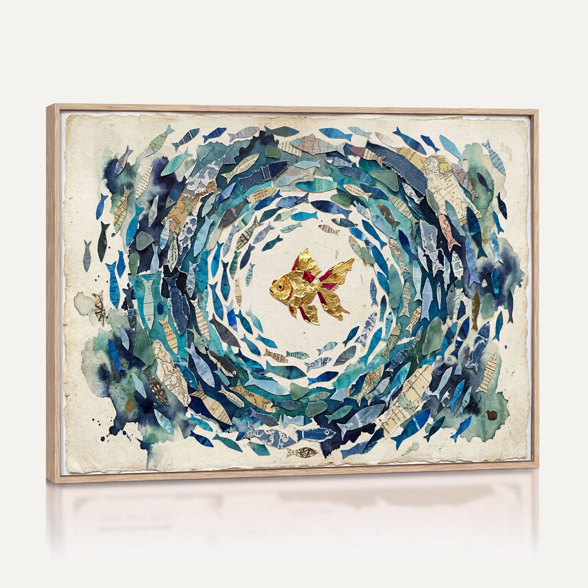 73165663-MGV-CV-36X24 - Mixed Media Blue Fish Swirl Canvas Wall Art, Goldfish Collage Ocean Print