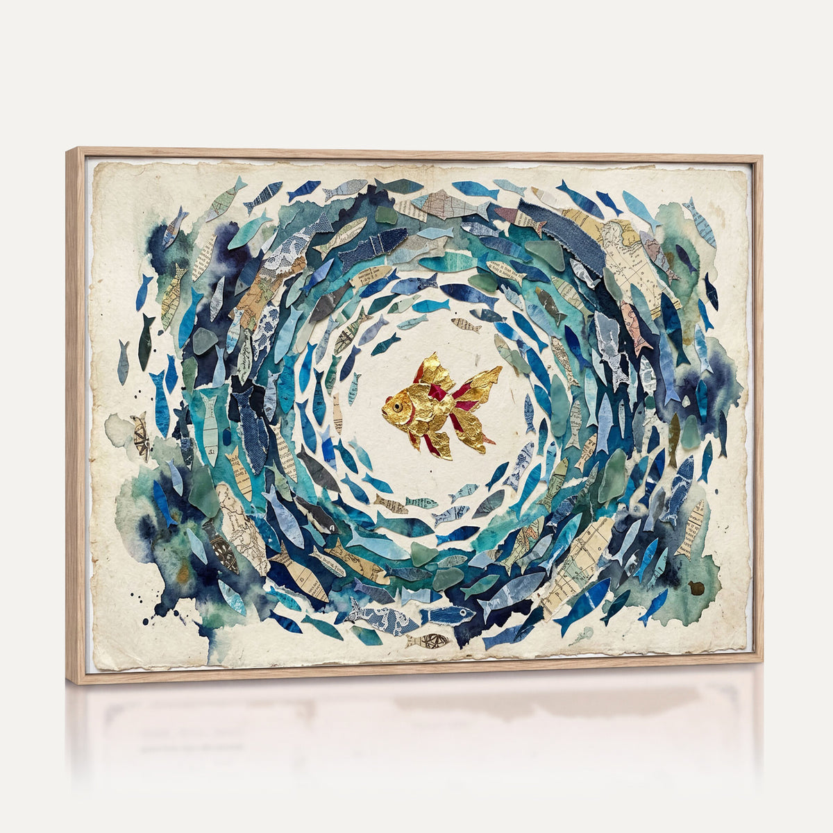 73165663-MGV-CV-36X24 - Mixed Media Blue Fish Swirl Canvas Wall Art, Goldfish Collage Ocean Print
