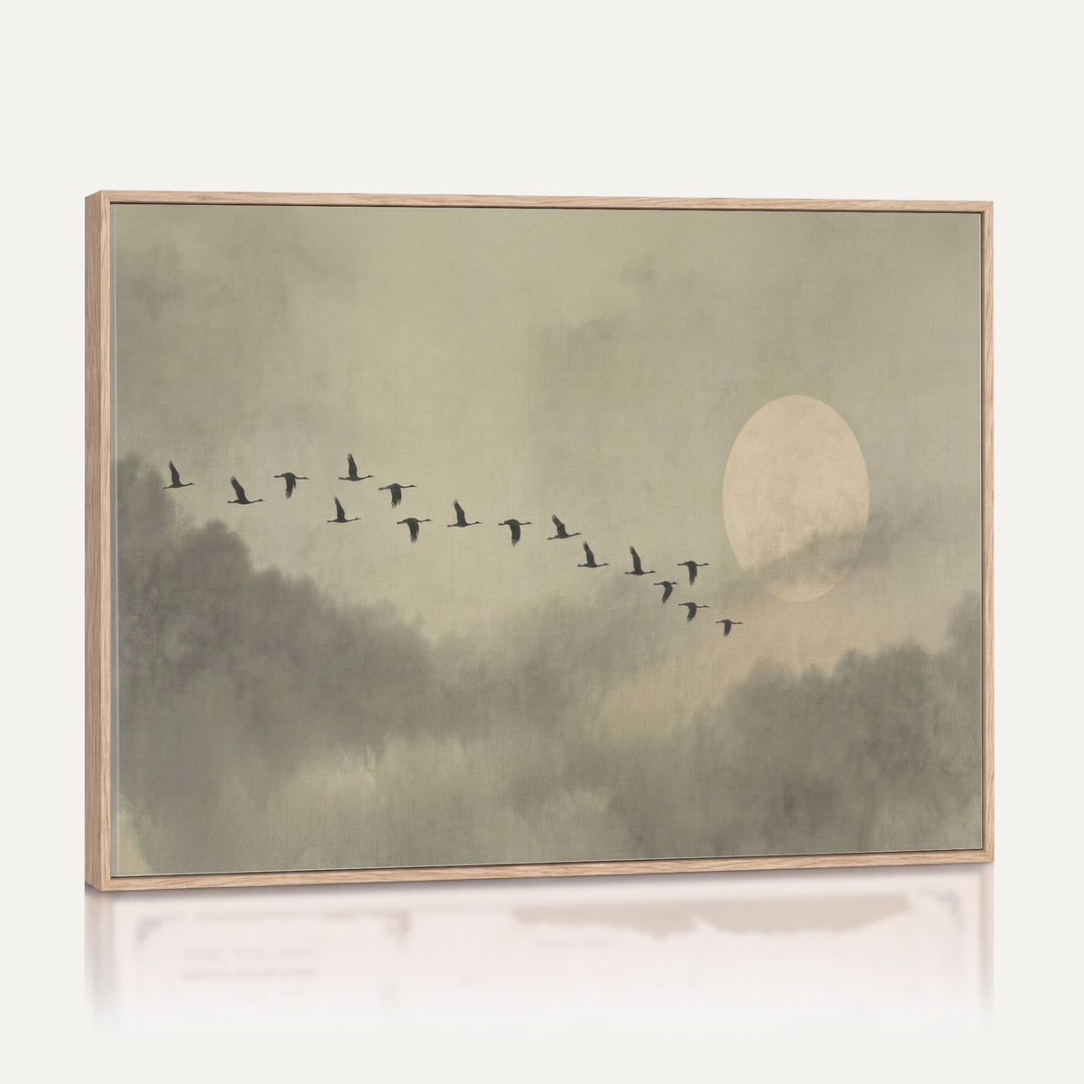 1209814B-MGV-CV-36X24 - Flying Cranes Canvas Wall Art, Misty Landscape with Moon, Sage Green Japandi Decor, Framed Print
