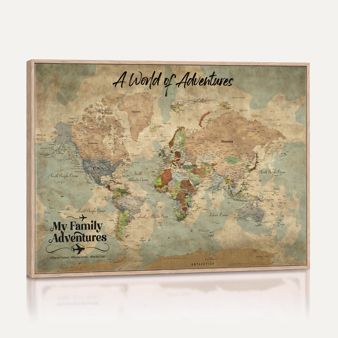 Personalized Family Adventure Map with Push Pins, World Travel Canvas Print