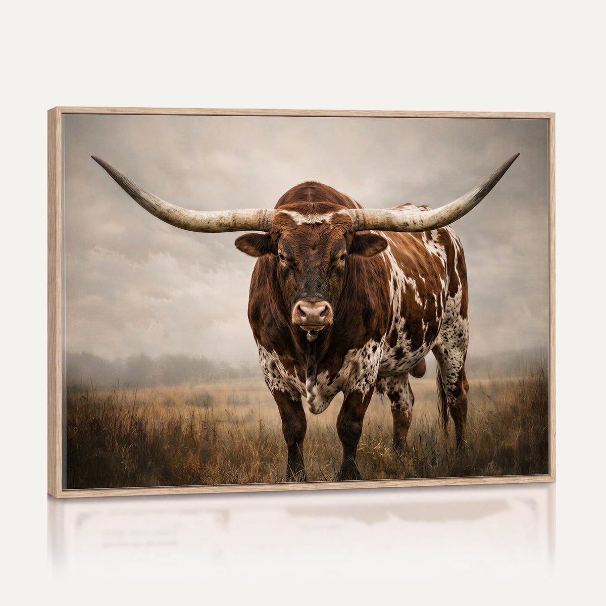 25239047A-MGV-CV-36X24 - Texas Longhorn Canvas Wall Art Western Bull Desert Moody Grey Overcast Rustic Farmhouse Framed Large for Living Room Bedroom Office Decor