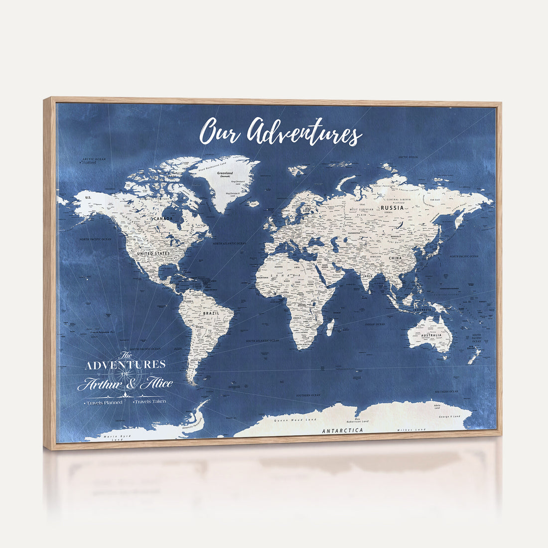 Framed Oversize Personalized Travel Map Canvas, Push Pin World Map Wall Decor