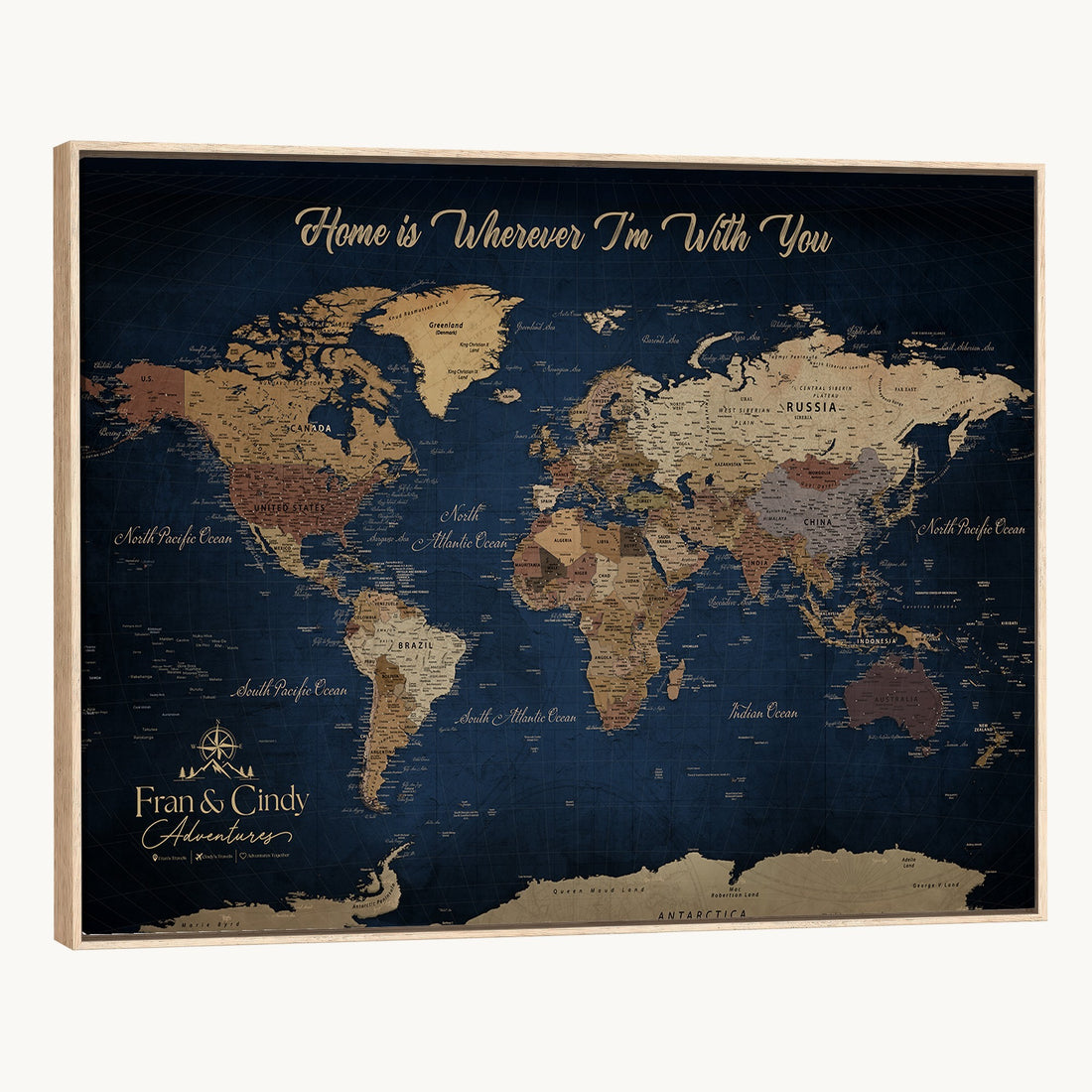 Custom Framed Deep Blue Geometric Push Pin World Map Wall Art, Next Trip Planner Map, Family Room and Hallway Decor