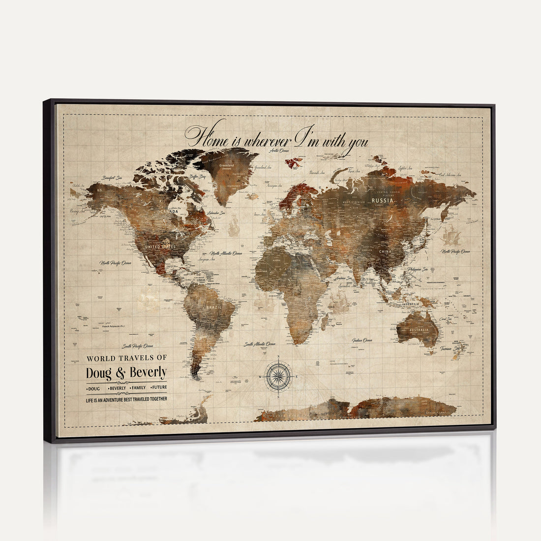 Large Custom Framed Beige Vintage World Travel Map Wall Art with Pins, Couples Countries Visited Map, Living Room and Hallway Decor