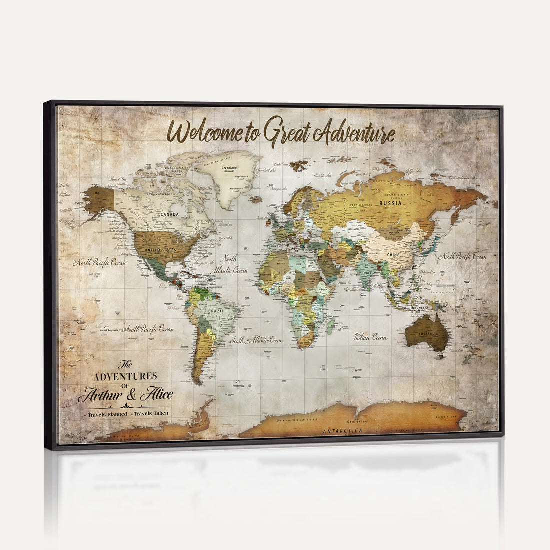 Personalized Beige World Travel Map Wall Art with Pins, Family Travel Tracker, Family Room and Study Decor