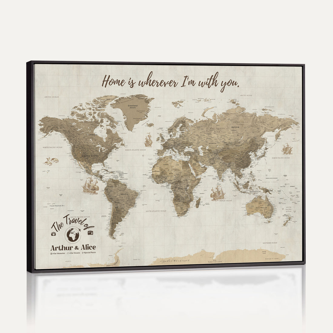 Custom Beige Geometric World Map Canvas with Push Pins, Honeymoon and Anniversary Gift, Dining Room and Hallway Decor