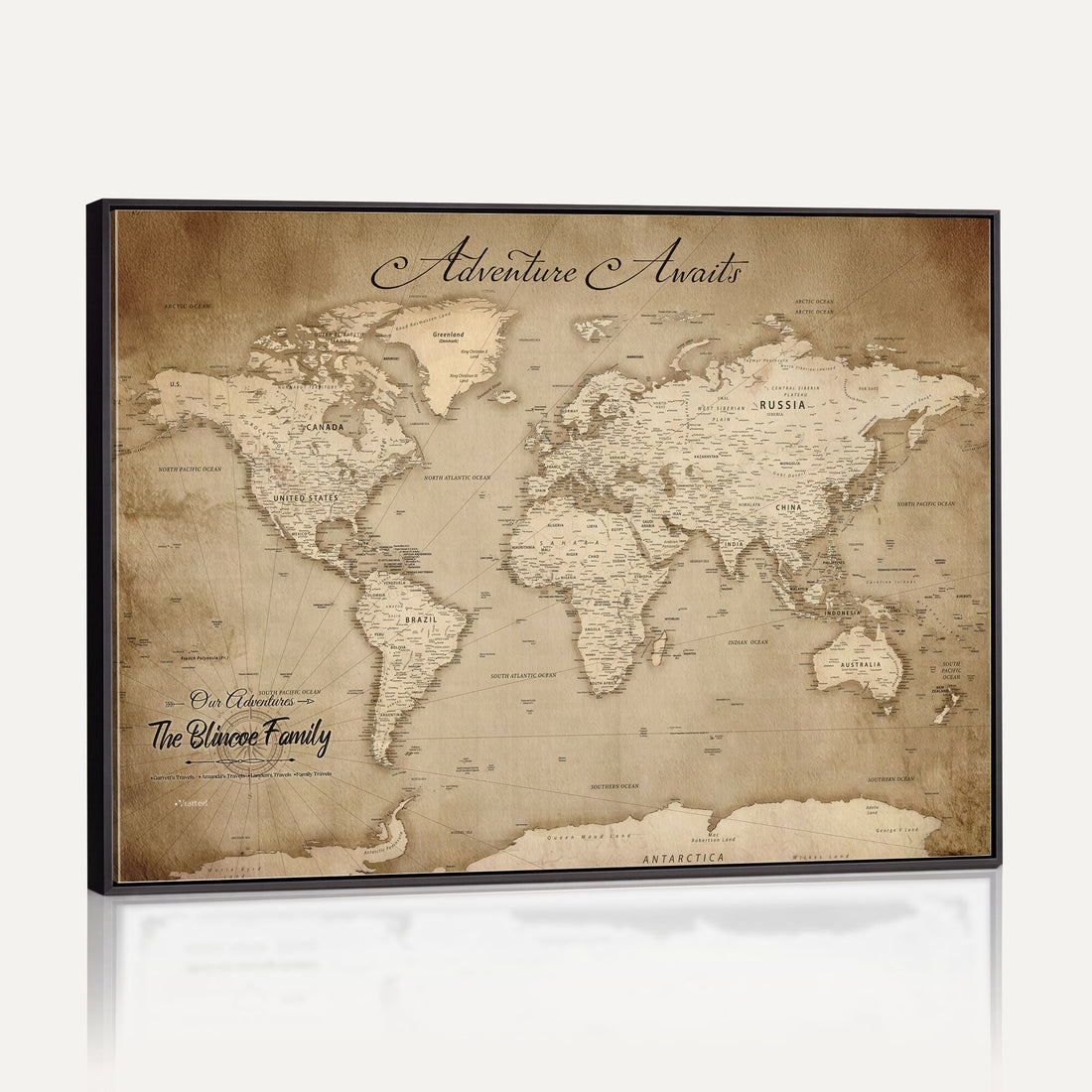 Personalized Black Modern Push Pin World Map Wall Art, Places Visited Tracker, Family Room and Bedroom Decor