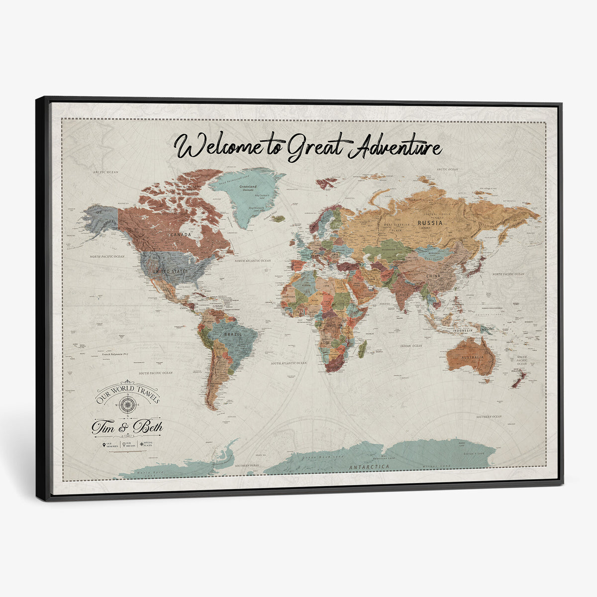 32470528-MGV-CV-36X24 - Custom Push Pin World Map Wall Art Canvas Print – Personalized Travel Tracker with Pins Framed Large for Home and Office Decor