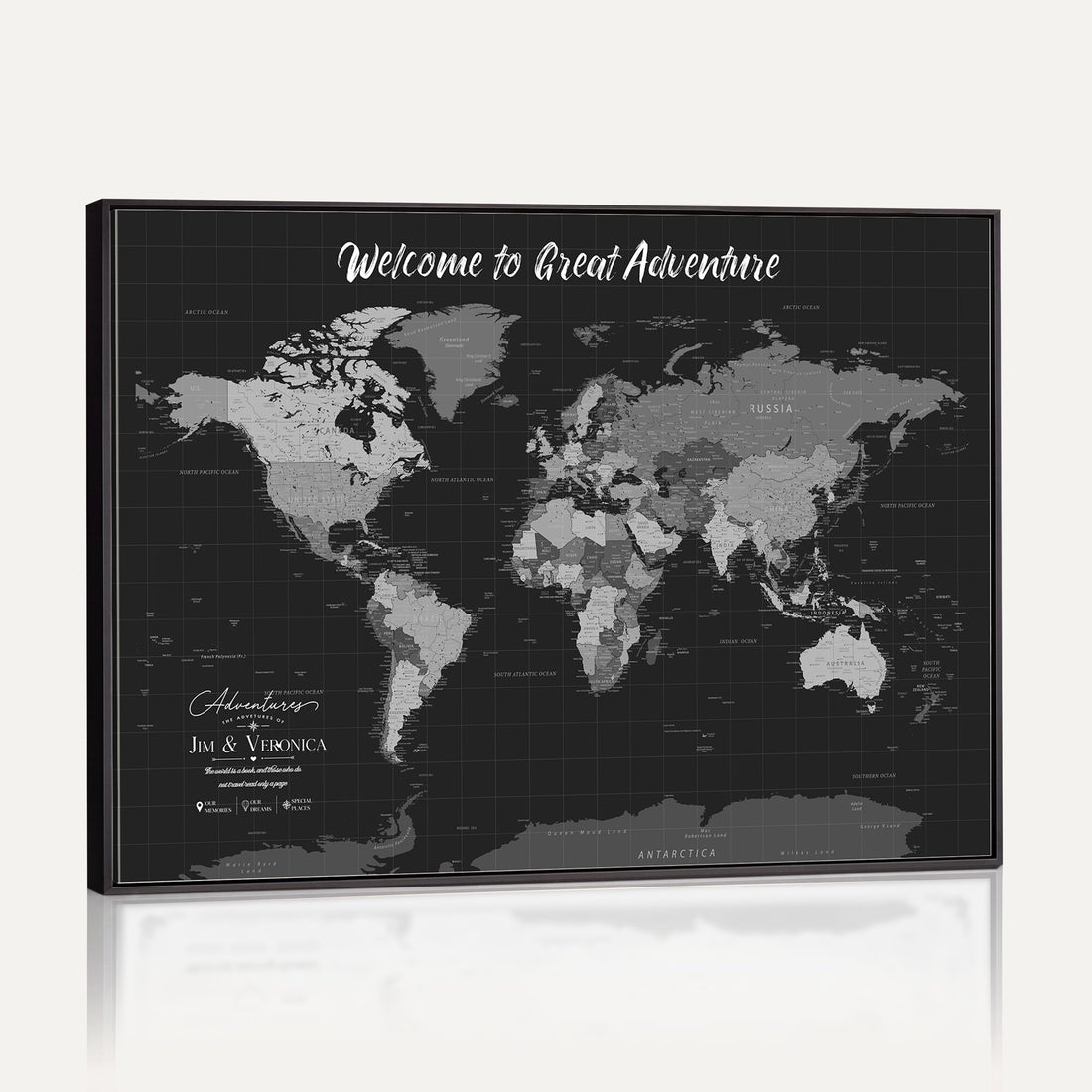 Custom Framed Navy Vintage World Map Canvas with Push Pins, Next Trip Planner Map, Entryway and Hallway Decor