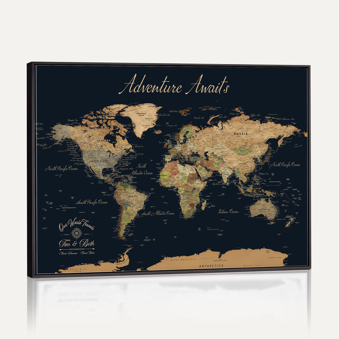 Personalized Navy Geometric World Map Canvas with Push Pins, Honeymoon and Anniversary Gift, Home Office and Hallway Decor