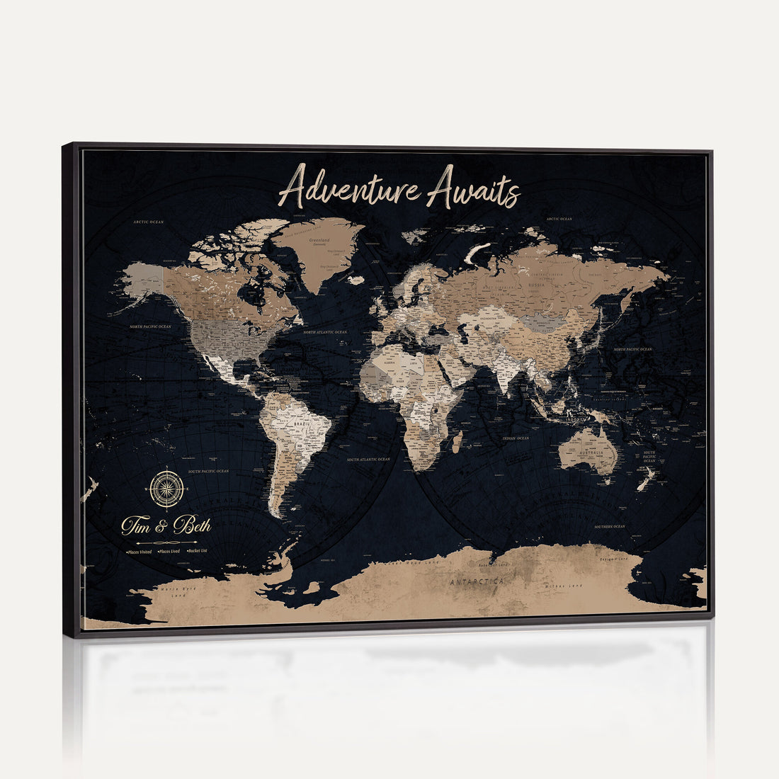 Personalized Framed Blue Vintage Push Pin World Map Canvas Print, Places Visited Tracker, Home Office and Hallway Decor