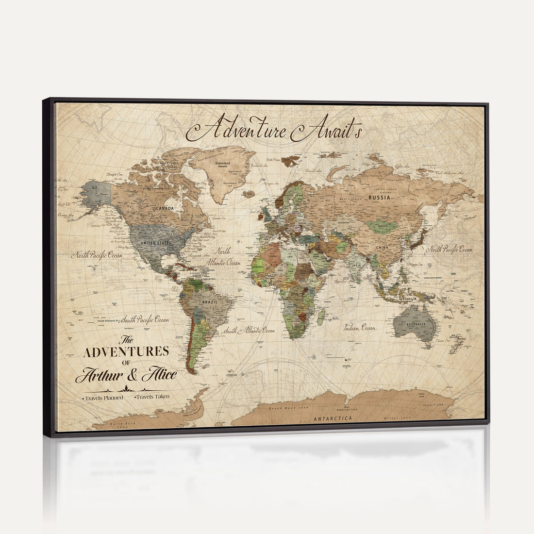 Custom Framed Beige Vintage World Travel Map Wall Art with Pins, Family Travel Tracker, Family Room and Hallway Decor