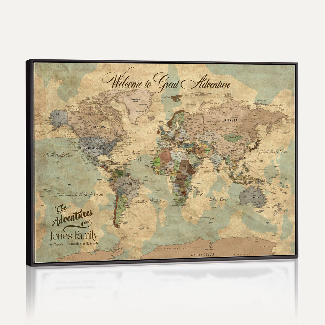 Personalized Framed Navy Vintage Push Pin World Map Wall Art, Places Visited Tracker, Bedroom and Hallway Decor